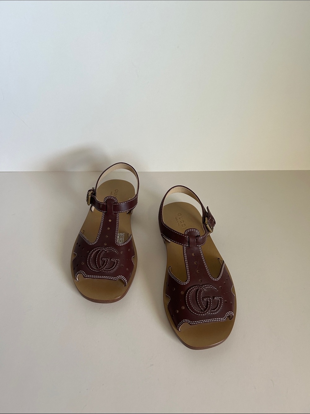 Gucci Brown Leather GG Logo T-Strap Women's Sandals